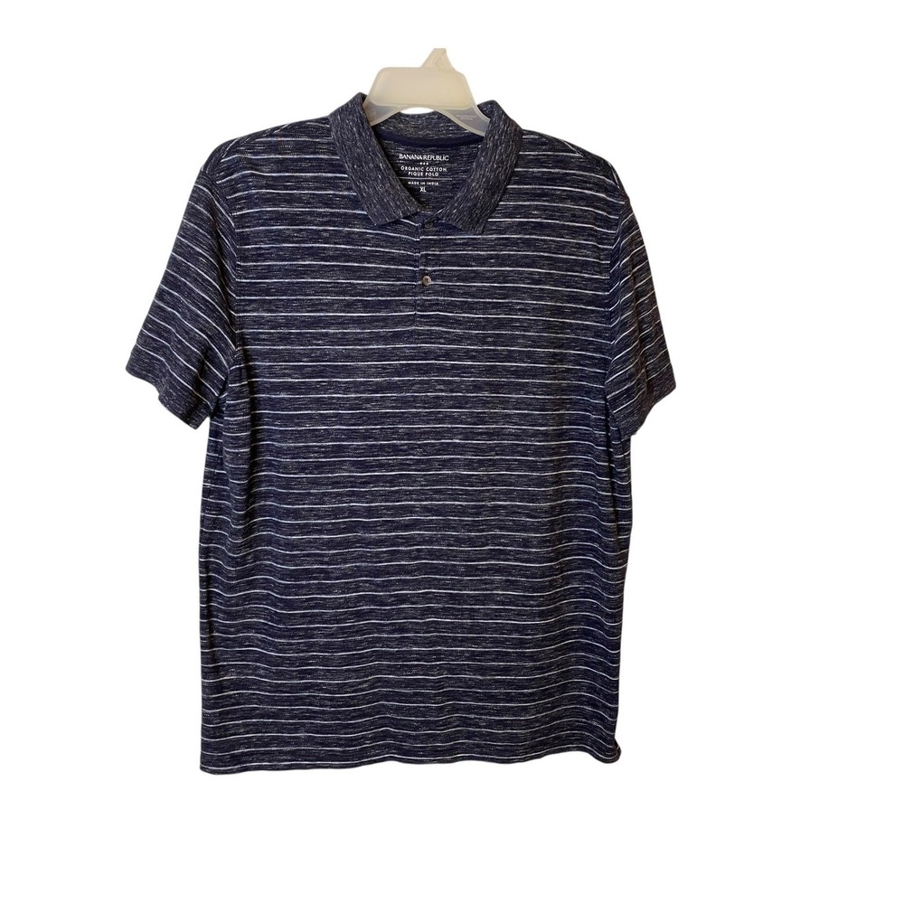Banana Republic Mens XL Organic Cotton Pique Polo Blue Striped Short Sleeve